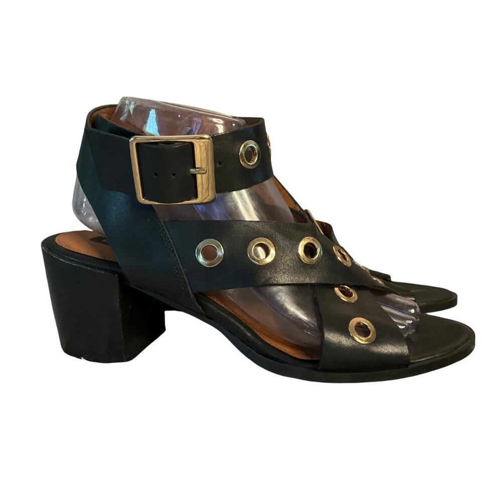 ASOS River Island Black Leather Heeled Sandals  Gold Eyelet Detail Size 40 US 9